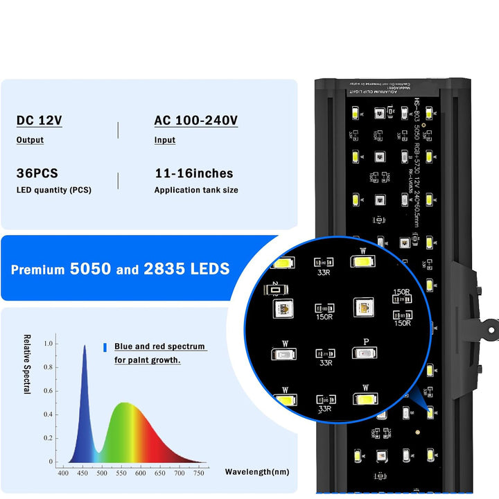 Full spectrum LED aquarium light with clip-on gooseneck and 24/7 mode for 30–80 cm fish tanks