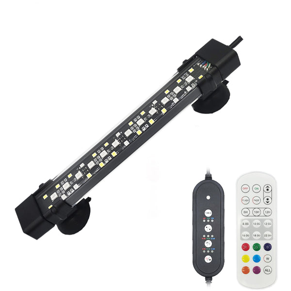 Submersible full-spectrum LED aquarium light with 24/7 cycle mode, timer, and seven colour options for 20 – 70 cm tanks