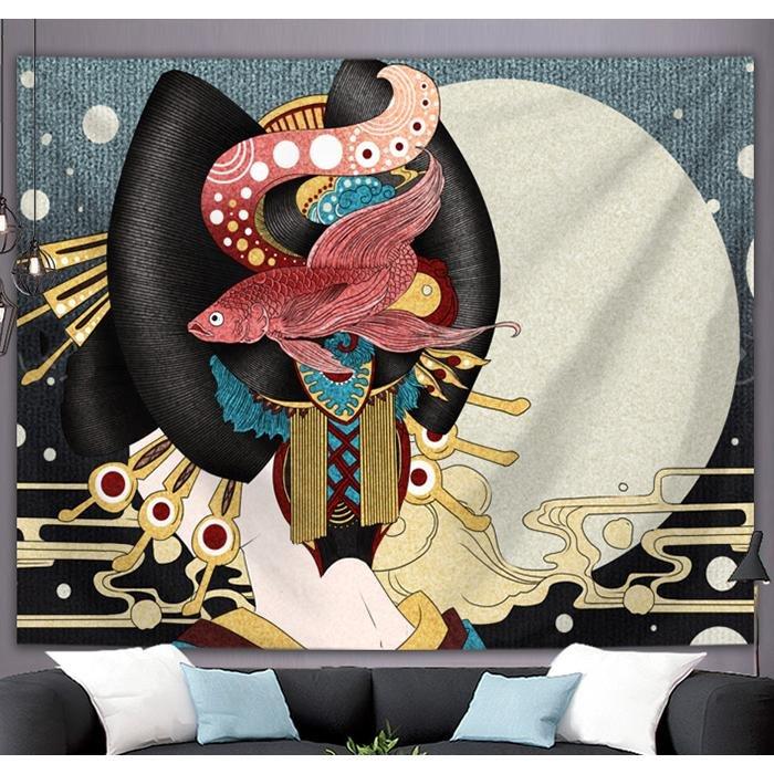 Betta Fighter Fish Geisha Betta Headpiece Ukiyo-e Style Printed Fabric Wall Tapestry. - Castle Dawn AquaticsHome Decor