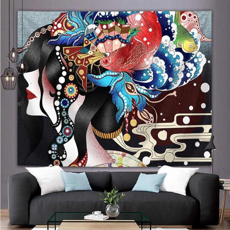 Betta Fighter Fish Geisha Ukiyo-e Style Printed Fabric Wall Tapestry. - Castle Dawn AquaticsHome Decor